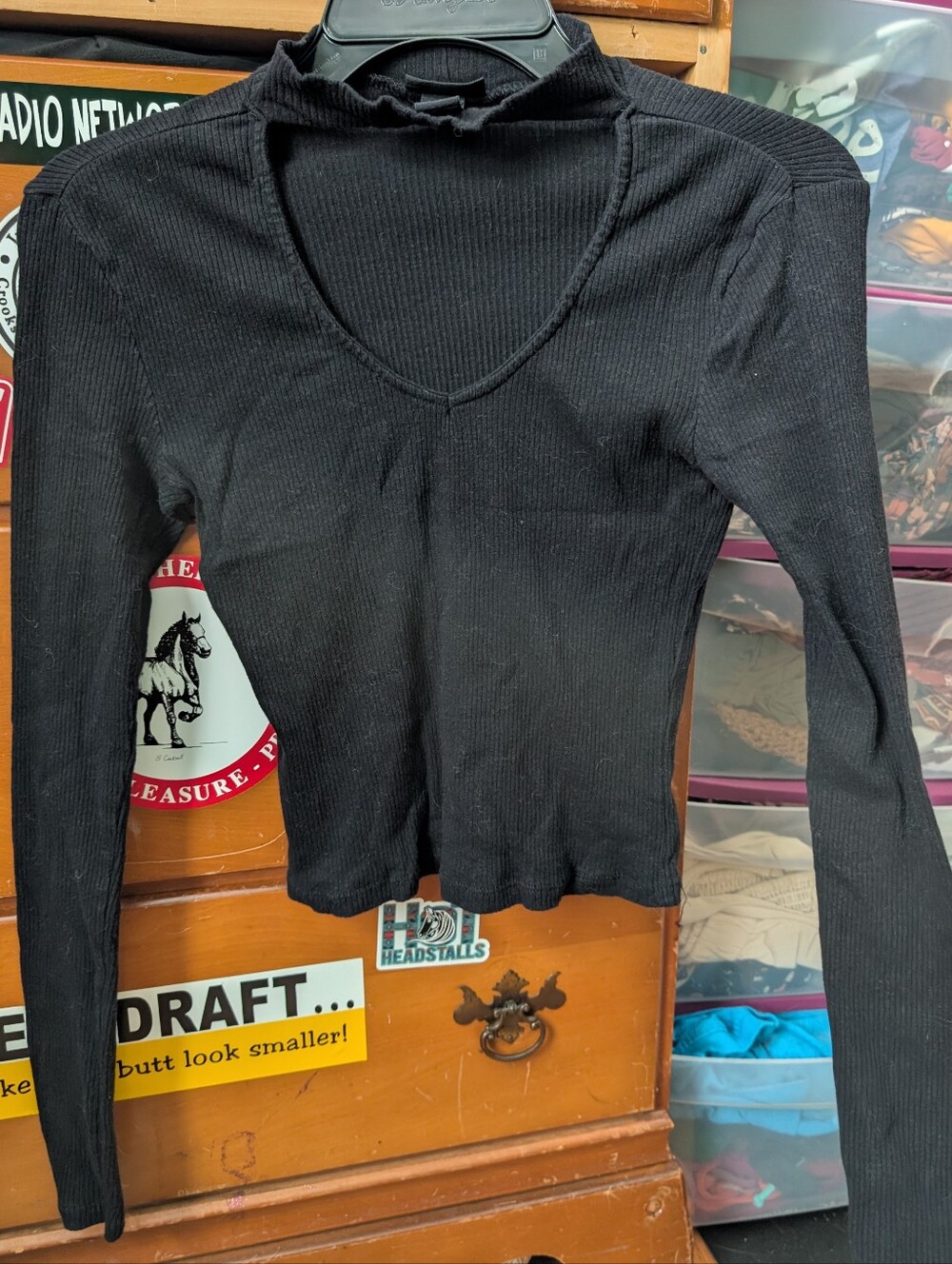 Rue21 Black Ribbed V-Neck Long Sleeve Cut Out Top!